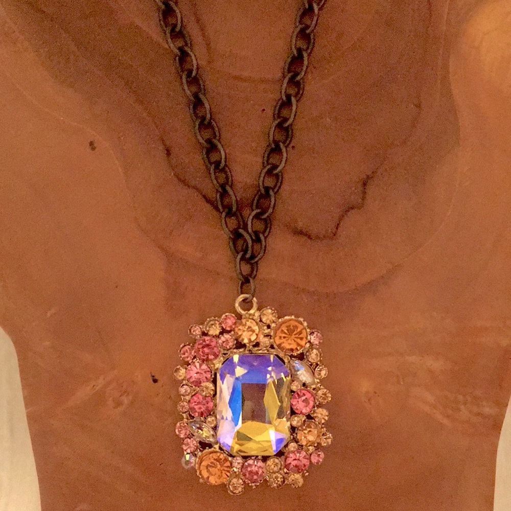 Antique Brass Rose Aurora Borealis Emerald Crystal Halo Statement Necklace